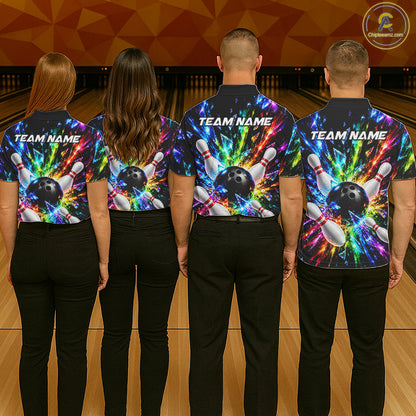 Colorful Crystal Broken Glass Mens Bowling Polo 1/4-Zip Shirt Custom Bowling Ball Pins Strike Jersey NYN4527