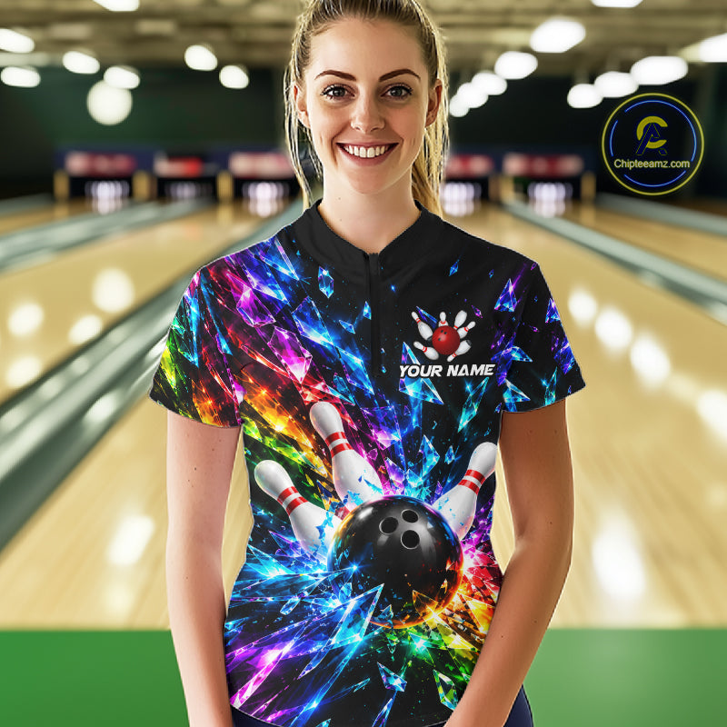 Colorful Crystal Broken Glass Women Bowling Polo 1/4-Zip Shirt Custom Bowling Ball Pins Strike Jersey NYN4527