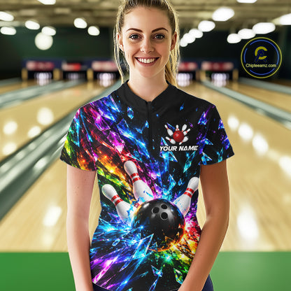 Colorful Crystal Broken Glass Women Bowling Polo 1/4-Zip Shirt Custom Bowling Ball Pins Strike Jersey NYN4527
