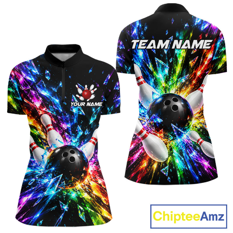 Colorful Crystal Broken Glass Women Bowling Polo 1/4-Zip Shirt Custom Bowling Ball Pins Strike Jersey NYN4527