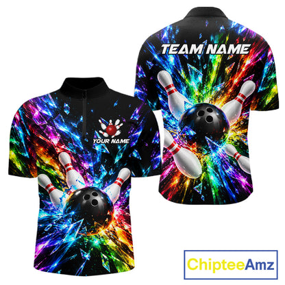 Colorful Crystal Broken Glass Mens Bowling Polo 1/4-Zip Shirt Custom Bowling Ball Pins Strike Jersey NYN4527