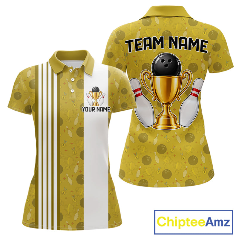 Gold Champion Bowling Shirt For Women Custom Vintage Bowling League Tournament Bowler Uniform| Yellow NYN4534