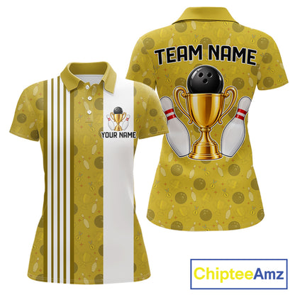 Gold Champion Bowling Shirt For Women Custom Vintage Bowling League Tournament Bowler Uniform| Yellow NYN4534