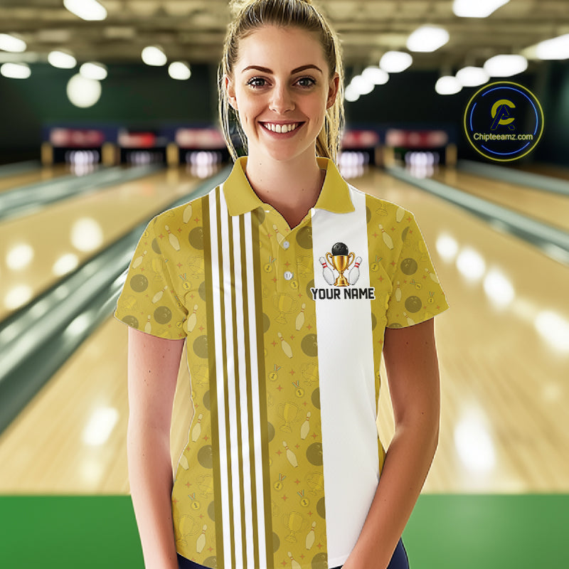 Gold Champion Bowling Shirt For Women Custom Vintage Bowling League Tournament Bowler Uniform| Yellow NYN4534