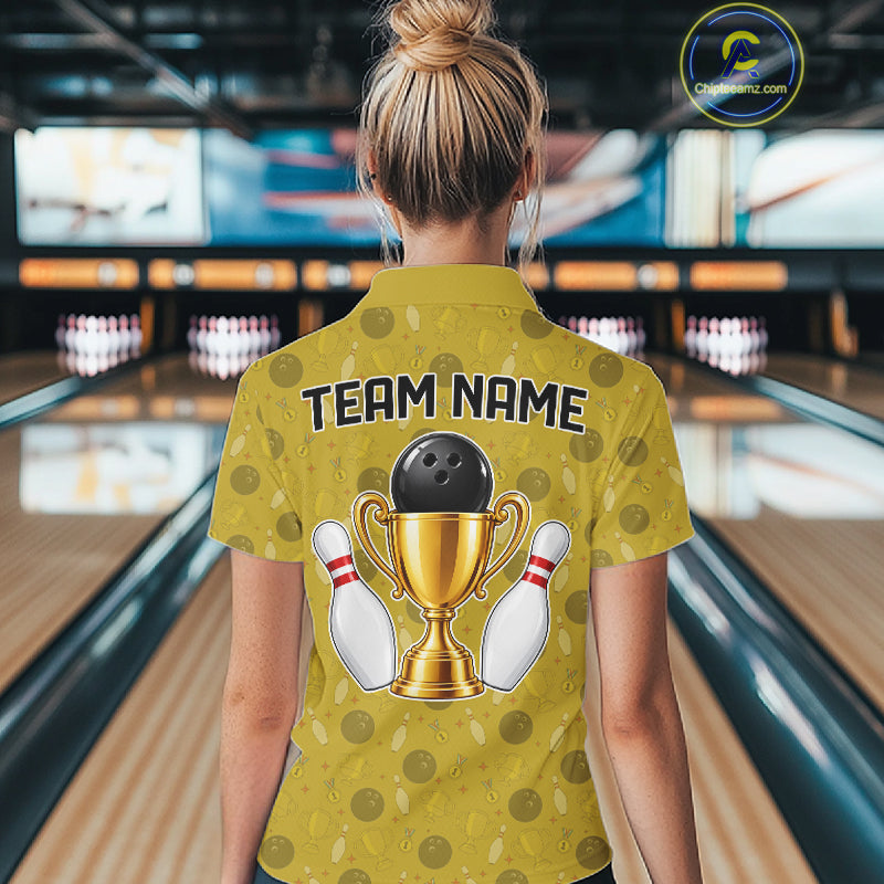 Gold Champion Bowling Shirt For Women Custom Vintage Bowling League Tournament Bowler Uniform| Yellow NYN4534