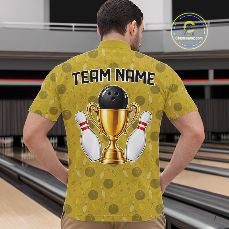 Gold Champion Bowling Shirt For Men Custom Vintage Bowling League Tournament Bowler Uniform| Yellow NYN4534