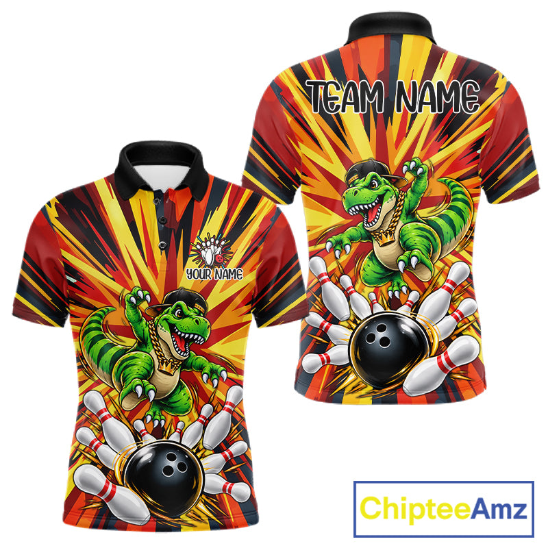 Funny Dinosaur Bowler Bowling Shirt For Men Personalized Yellow Strikes Bowling League Team Jersey NYN4523