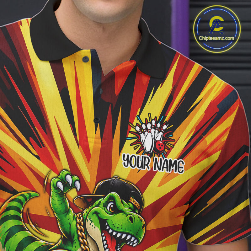 Funny Dinosaur Bowler Bowling Shirt For Men Personalized Yellow Strikes Bowling League Team Jersey NYN4523