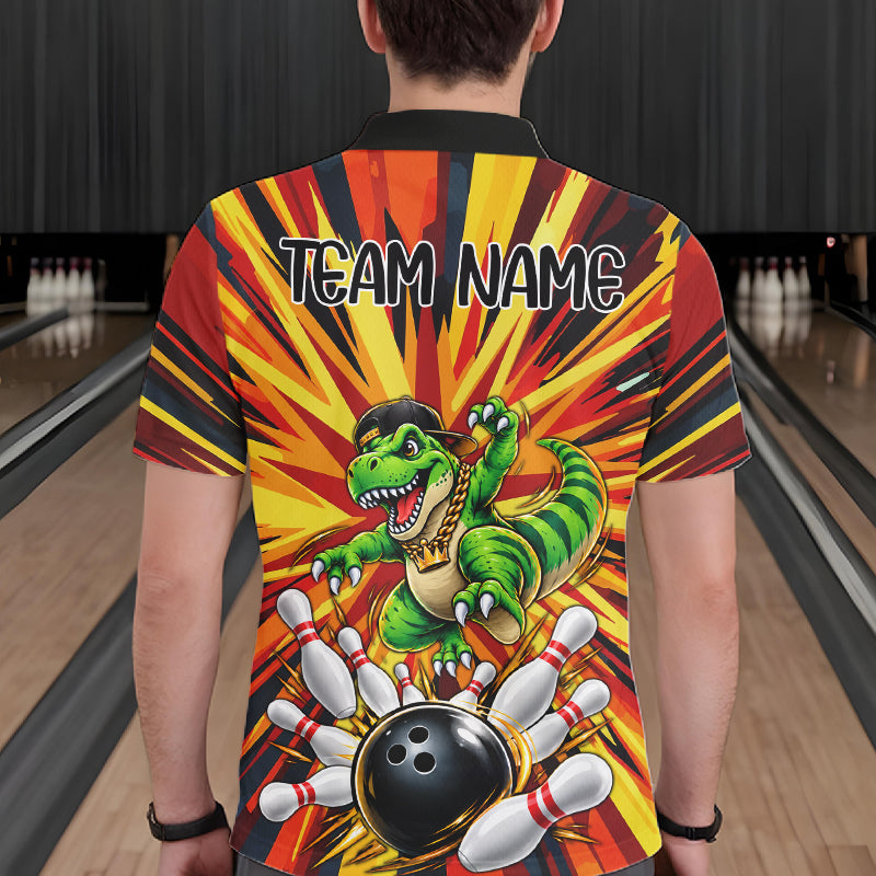 Funny Dinosaur Bowler Bowling Shirt For Men Personalized Yellow Strikes Bowling League Team Jersey NYN4523