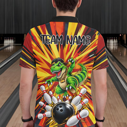 Funny Dinosaur Bowler Bowling Shirt For Men Personalized Yellow Strikes Bowling League Team Jersey NYN4523