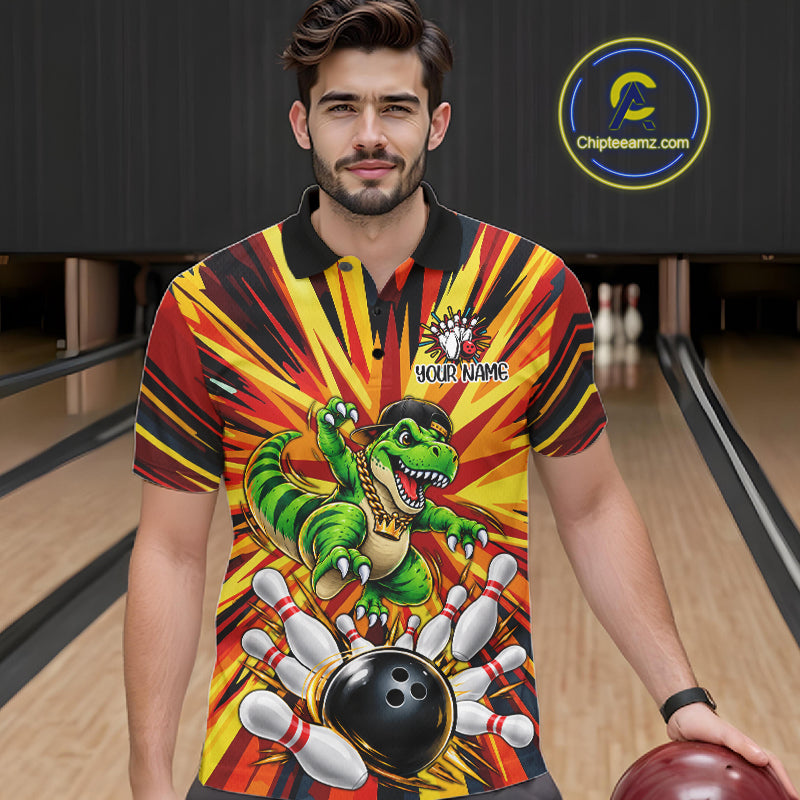Funny Dinosaur Bowler Bowling Shirt For Men Personalized Yellow Strikes Bowling League Team Jersey NYN4523