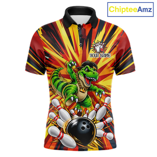 Funny Dinosaur Bowler Bowling Shirt For Men Personalized Yellow Strikes Bowling League Team Jersey NYN4523