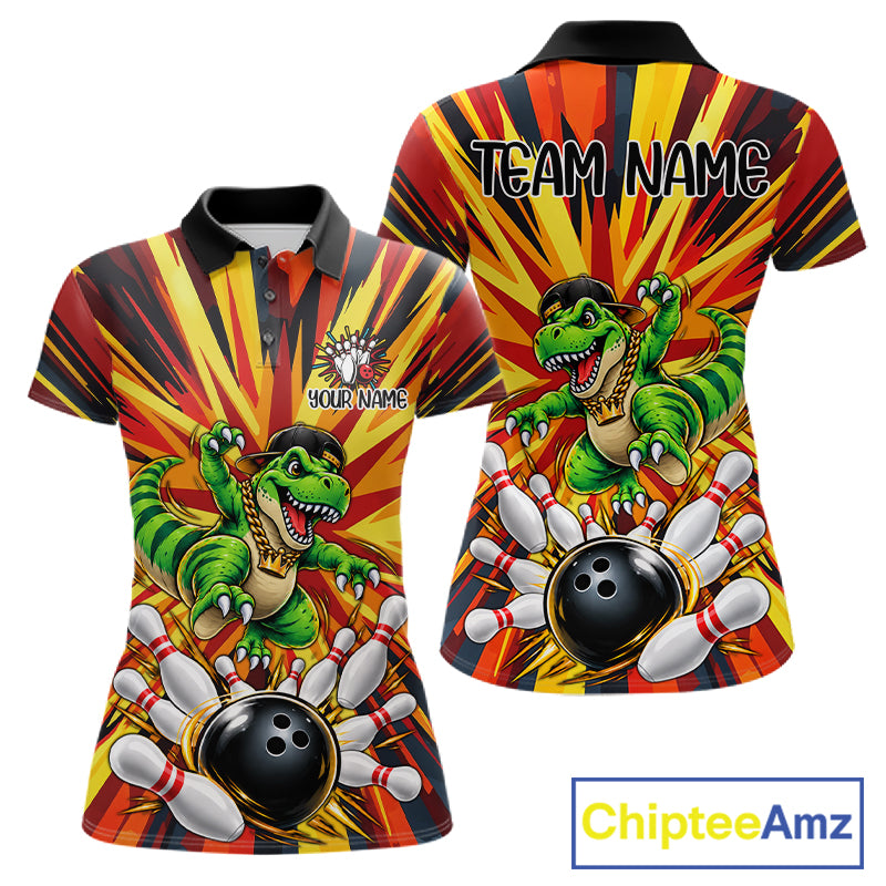 Funny Dinosaur Bowler Bowling Shirt For Women Personalized Yellow Strikes Bowling League Team Jersey NYN4523