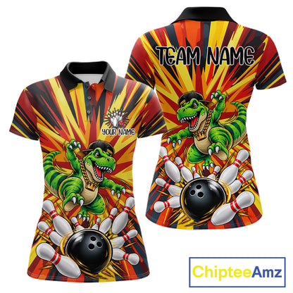 Funny Dinosaur Bowler Bowling Shirt For Women Personalized Yellow Strikes Bowling League Team Jersey NYN4523