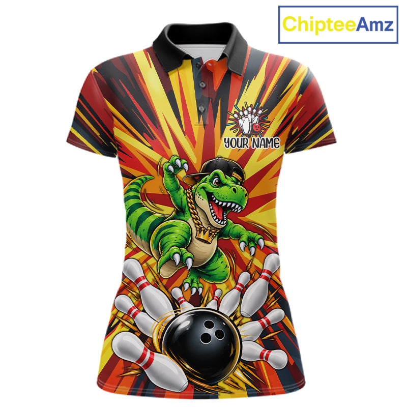 Funny Dinosaur Bowler Bowling Shirt For Women Personalized Yellow Strikes Bowling League Team Jersey NYN4523