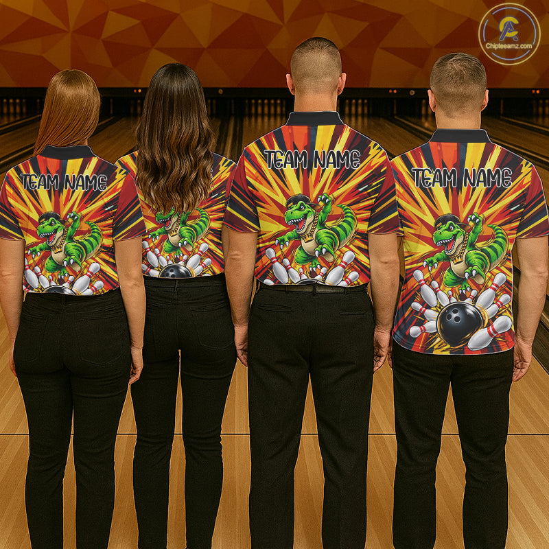 Funny Dinosaur Bowler Bowling Shirt For Men Personalized Yellow Strikes Bowling League Team Jersey NYN4523