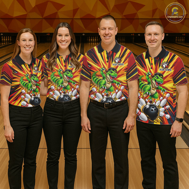 Funny Dinosaur Bowler Bowling Shirt For Men Personalized Yellow Strikes Bowling League Team Jersey NYN4523