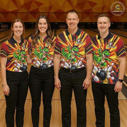 Funny Dinosaur Bowler Bowling Shirt For Men Personalized Yellow Strikes Bowling League Team Jersey NYN4523
