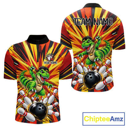 Funny Dinosaur Bowler Bowling Shirt For Men Personalized Yellow Strikes Bowling League Team Jersey NYN4523