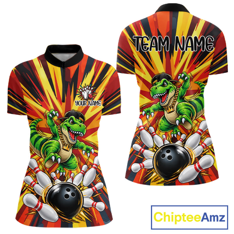 Funny Dinosaur Bowler Bowling Shirt For Women Personalized Yellow Strikes Bowling League Team Jersey NYN4523