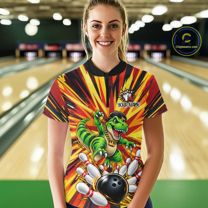 Funny Dinosaur Bowler Bowling Shirt For Women Personalized Yellow Strikes Bowling League Team Jersey NYN4523