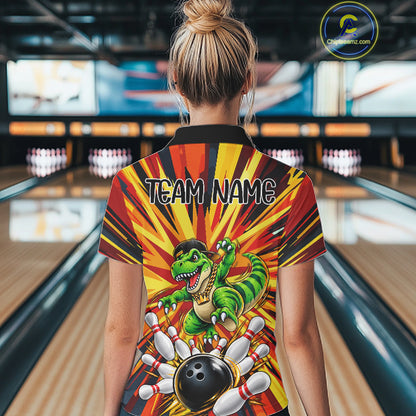 Funny Dinosaur Bowler Bowling Shirt For Women Personalized Yellow Strikes Bowling League Team Jersey NYN4523