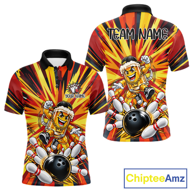 Funny Beer Bowler Bowling Shirt For Men Personalized Yellow Strikes Bowling League Team Jersey NYN4524