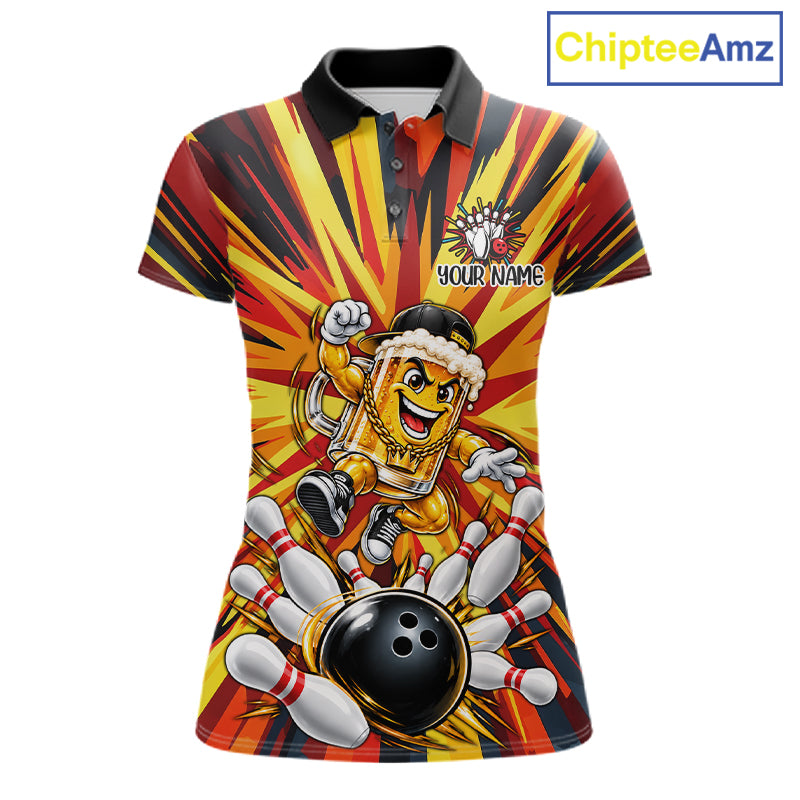 Funny Beer Bowler Bowling Shirt For Women Personalized Yellow Strikes Bowling League Team Jersey NYN4524