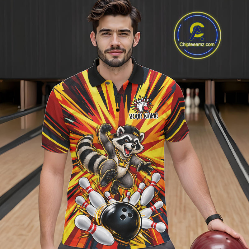 Funny Raccoon Bowler Bowling Shirt For Men Personalized Yellow Strikes Bowling League Team Jersey NYN4525
