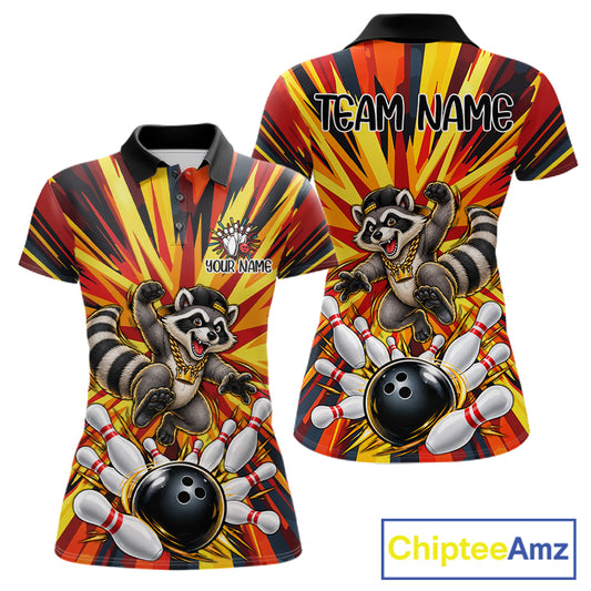 Funny Raccoon Bowler Bowling Shirt For Women Personalized Yellow Strikes Bowling League Team Jersey NYN4525