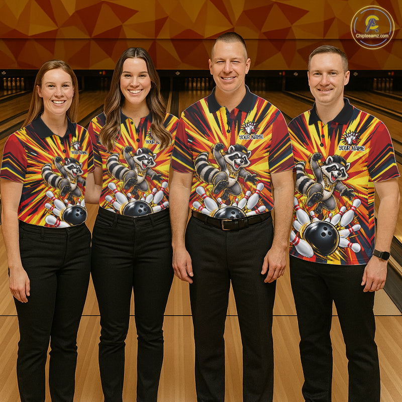 Funny Raccoon Bowler Bowling Shirt For Men Personalized Yellow Strikes Bowling League Team Jersey NYN4525