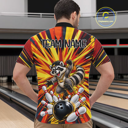 Funny Raccoon Bowler Bowling Shirt For Men Personalized Yellow Strikes Bowling League Team Jersey NYN4525