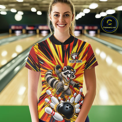 Funny Raccoon Bowler Bowling Shirt For Women Personalized Yellow Strikes Bowling League Team Jersey NYN4525