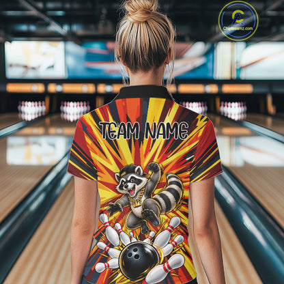 Funny Raccoon Bowler Bowling Shirt For Women Personalized Yellow Strikes Bowling League Team Jersey NYN4525