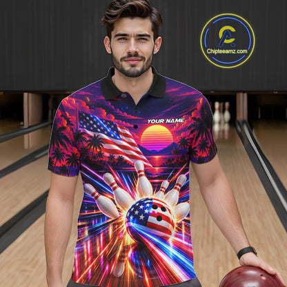 Neon Strikes Bowling Polo Quarter-Zip Shirt For Men Custom US Flag Retro 80S Bowling Team Jersey NYN4908