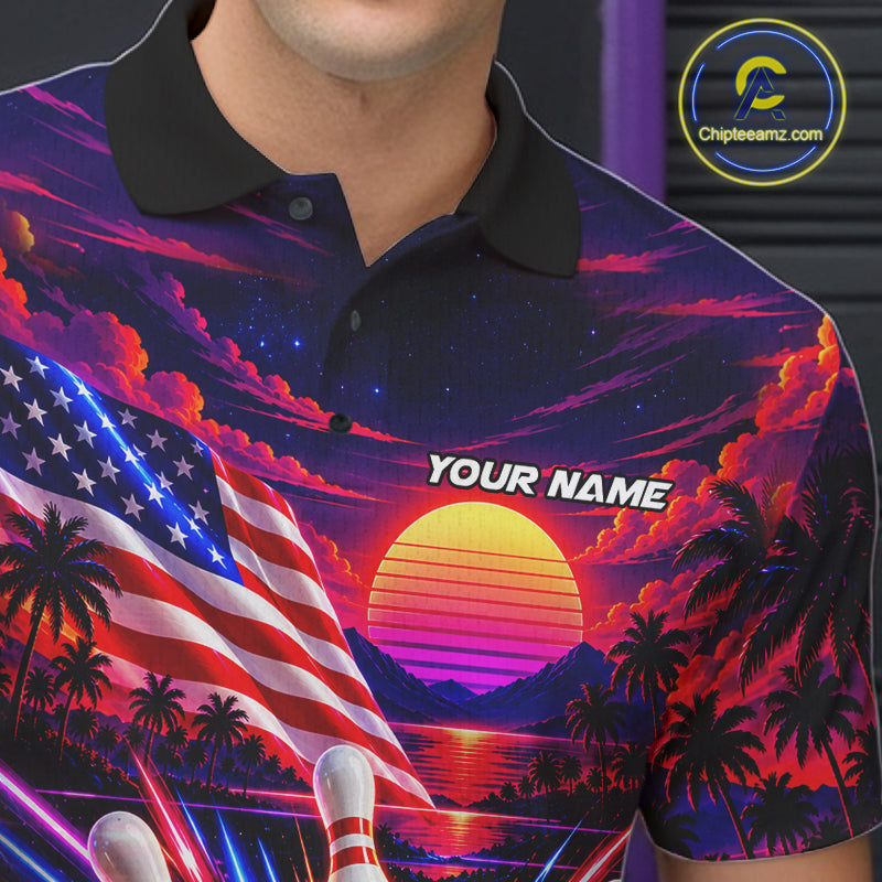 Neon Strikes Bowling Polo Quarter-Zip Shirt For Men Custom US Flag Retro 80S Bowling Team Jersey NYN4908