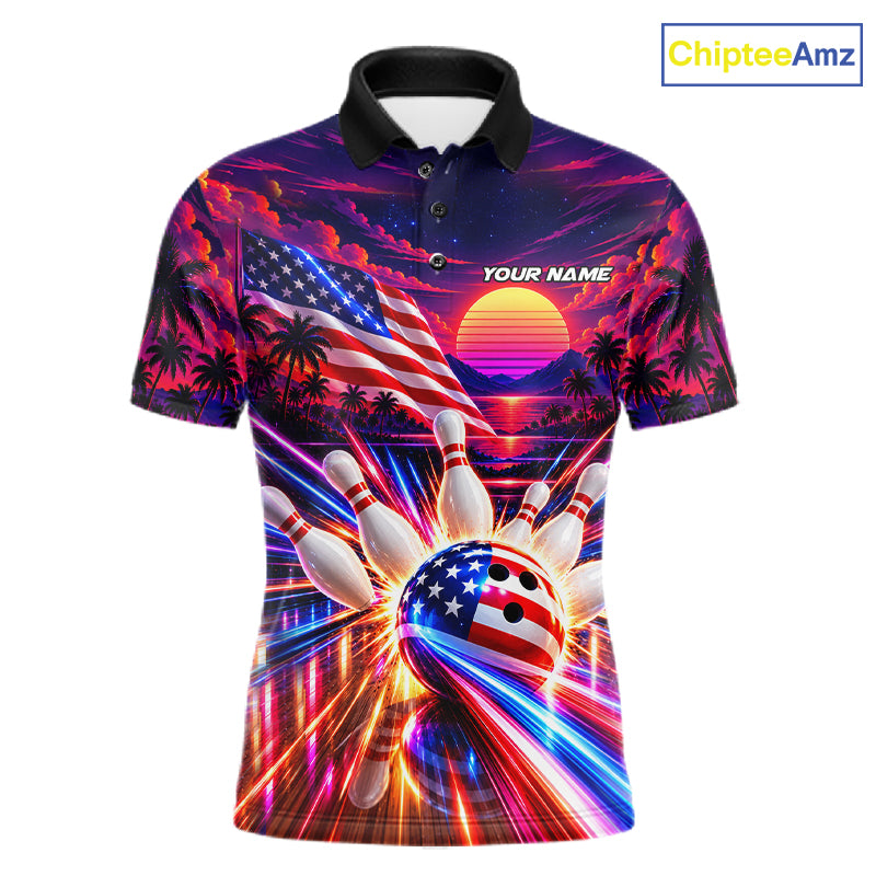 Neon Strikes Bowling Polo Quarter-Zip Shirt For Men Custom US Flag Retro 80S Bowling Team Jersey NYN4908