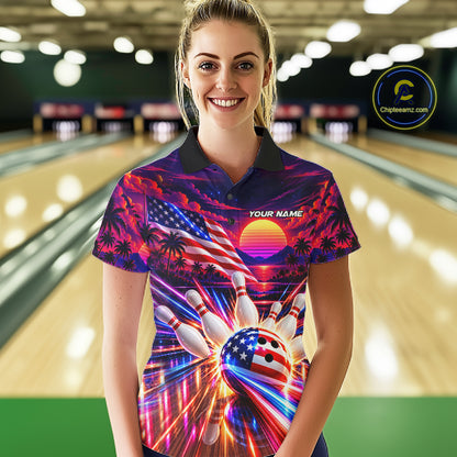 Neon Strikes Bowling Polo Quarter-Zip Shirt For Women Custom US Flag Retro 80S Bowling Team Jersey NYN4908