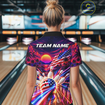 Neon Strikes Bowling Polo Quarter-Zip Shirt For Women Custom US Flag Retro 80S Bowling Team Jersey NYN4908