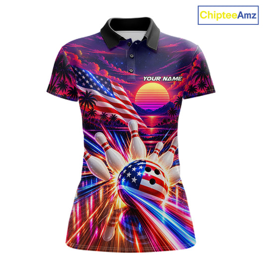 Neon Strikes Bowling Polo Quarter-Zip Shirt For Women Custom US Flag Retro 80S Bowling Team Jersey NYN4908