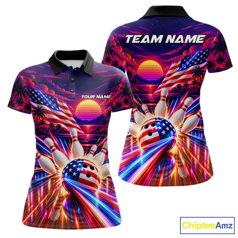 Neon Strikes Bowling Polo Quarter-Zip Shirt For Women Custom US Flag Retro 80S Bowling Team Jersey NYN4908
