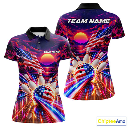 Neon Strikes Bowling Polo Quarter-Zip Shirt For Women Custom US Flag Retro 80S Bowling Team Jersey NYN4908