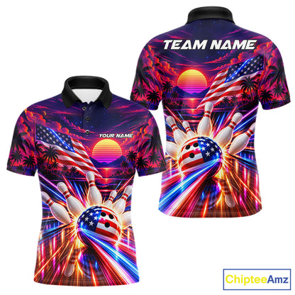 Neon Strikes Bowling Polo Quarter-Zip Shirt For Men Custom US Flag Retro 80S Bowling Team Jersey NYN4908
