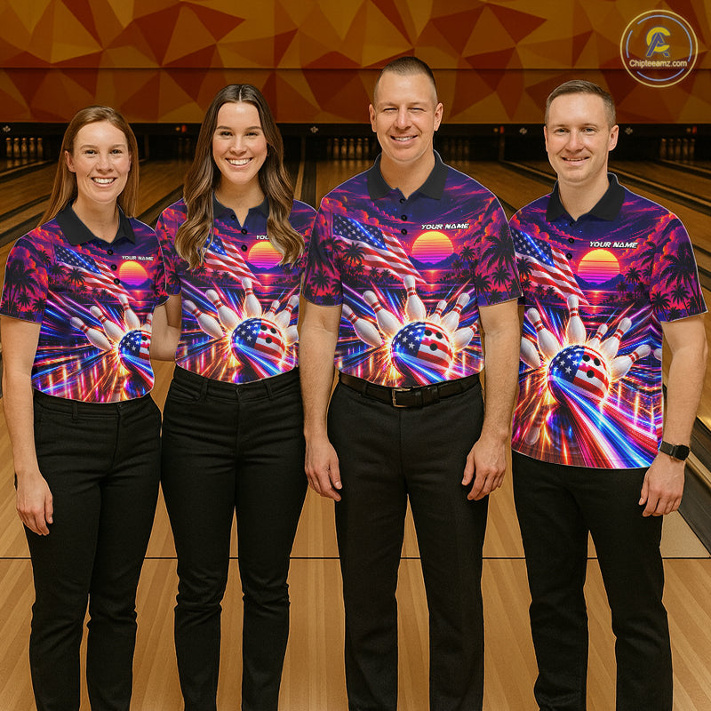 Neon Strikes Bowling Polo Quarter-Zip Shirt For Women Custom US Flag Retro 80S Bowling Team Jersey NYN4908