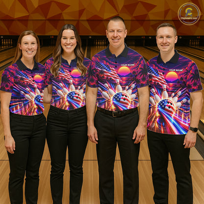 Neon Strikes Bowling Polo Quarter-Zip Shirt For Women Custom US Flag Retro 80S Bowling Team Jersey NYN4908