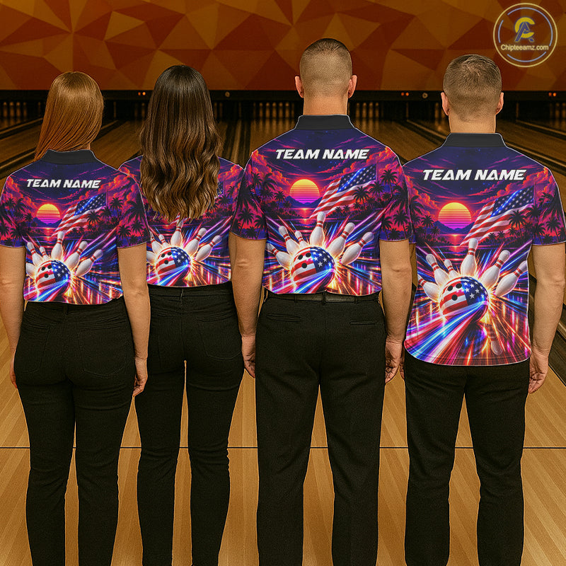 Neon Strikes Bowling Polo Quarter-Zip Shirt For Women Custom US Flag Retro 80S Bowling Team Jersey NYN4908