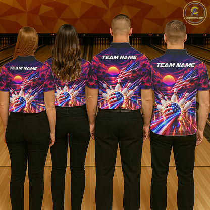 Neon Strikes Bowling Polo Quarter-Zip Shirt For Women Custom US Flag Retro 80S Bowling Team Jersey NYN4908