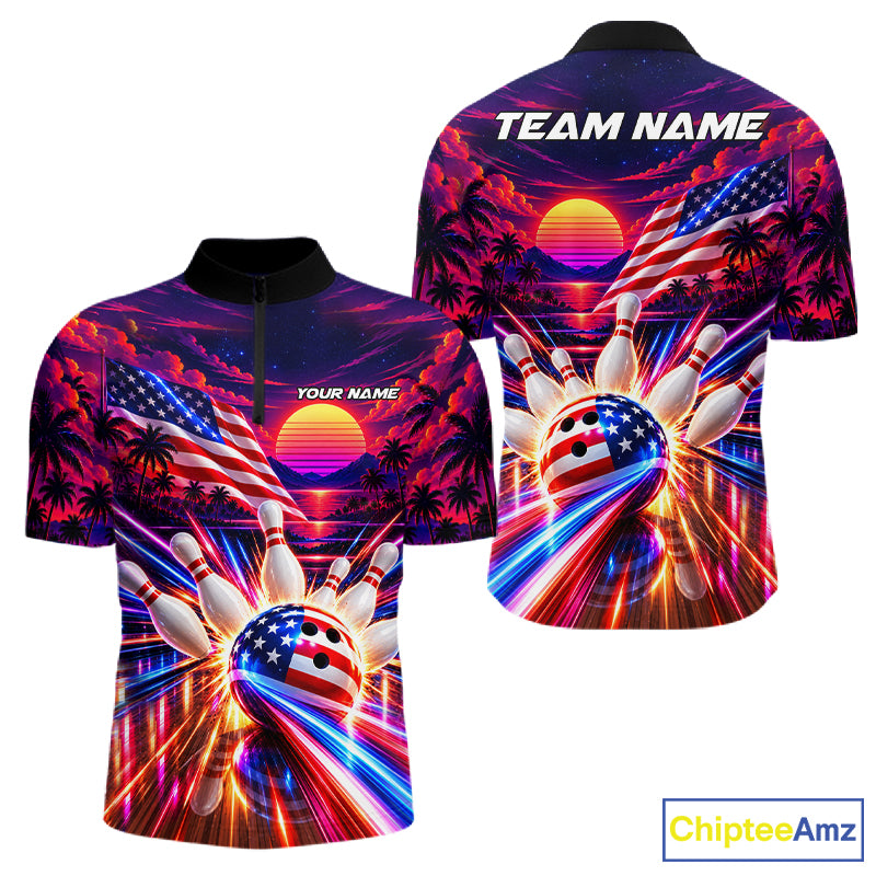 Neon Strikes Bowling Polo Quarter-Zip Shirt For Men Custom US Flag Retro 80S Bowling Team Jersey NYN4908
