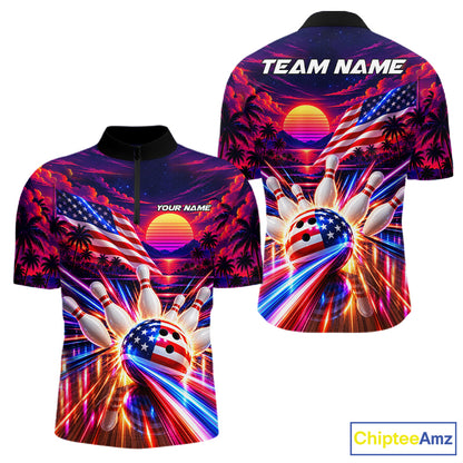 Neon Strikes Bowling Polo Quarter-Zip Shirt For Men Custom US Flag Retro 80S Bowling Team Jersey NYN4908