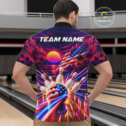 Neon Strikes Bowling Polo Quarter-Zip Shirt For Men Custom US Flag Retro 80S Bowling Team Jersey NYN4908